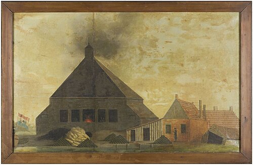 Gezicht op glasblazerij van familie V. Sloterdijck, te Makkum, 1799, 