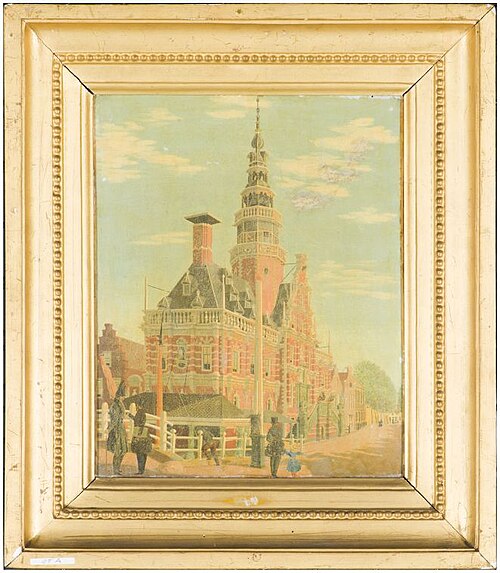 Gezicht op stadhuis met hoge toren te Bolsward, 1849, 