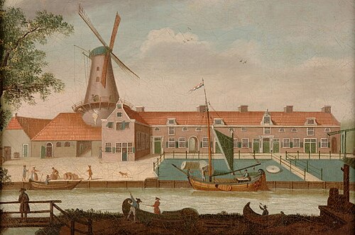 Gezicht op oliemolen 'De Jonge Fenix' met Zoutkeet aan het Zuidvliet, te Leeuwarden, 1799, 