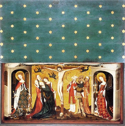 Le Christ en croix, Sainte Catherine et Sainte Barbe., 1400, 