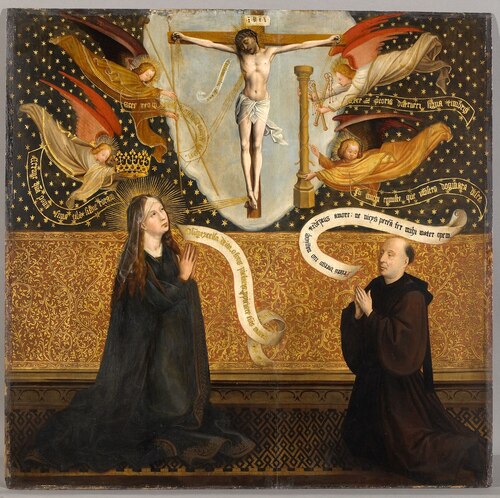 Le Christ en croix entouré d'anges portant les instruments de la Passion ; la Sainte Vierge et le do, 1420, 