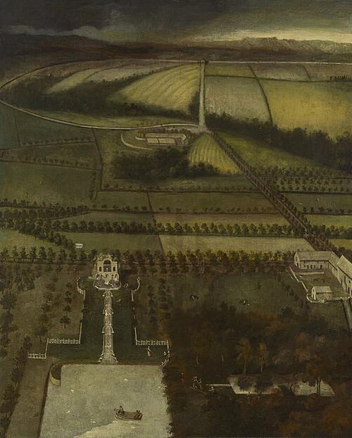 Yester House (View of the policies, including the canal and cascades), 1700, 