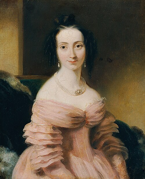 Dame in weinrotem Kleid, 1830, 