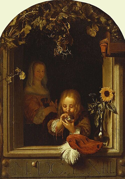 A Boy at a Ledge Blowing Bubbles, 1663, 