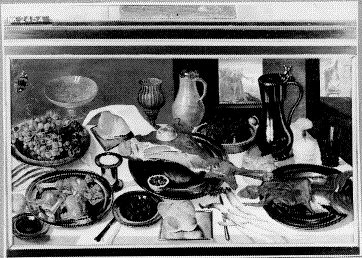 Still life with meat, grapes en various utensils, 1574, 