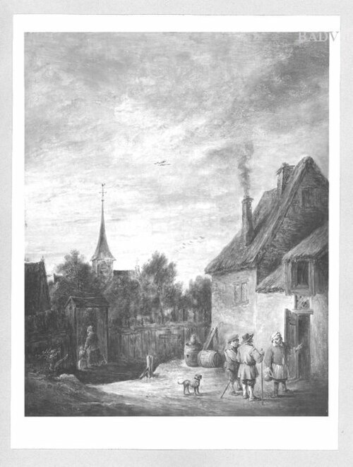 Village Scene with Three Men Talking in Front of a House, 1650, 