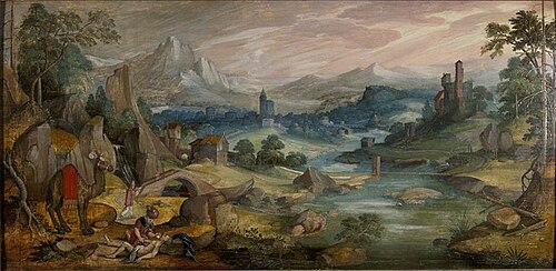 Hilly river landscape with the Good Samaritan, 1617, 