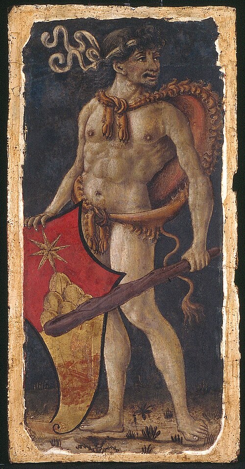 Wild man supporting a shield, facing right, 1488, 
