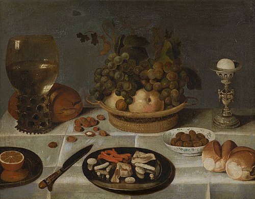Stilleven met roemer en fruitmand op tafel, 1614, 