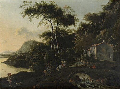 Italian landscape with horsemen on a bridge, 1670, 