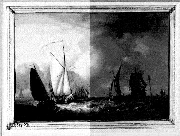 Schepen op een woelige zee voor de kust, 1776, 