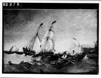 Een zeilboot met twee mannen in een roeiboot, 1800, 