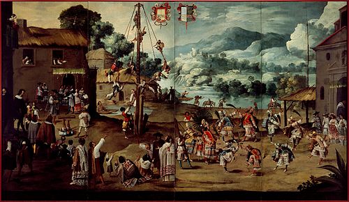 Folding Screen with Indian Wedding and Flying Pole (Biombo con desposorio indígena y palo volador), 1690, 