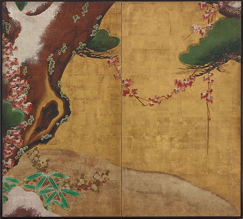 Pine tree, autumn foliage, flowers and snow, 1650, 