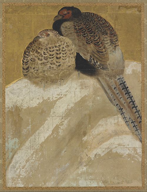 Two pheasants on a snow bank, 1750, 