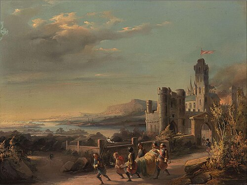 Landscape with a Castle and Soldiers Carrying Someone, 1850, 