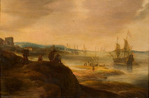 Gezicht op een baai met schepen, 1645, 
