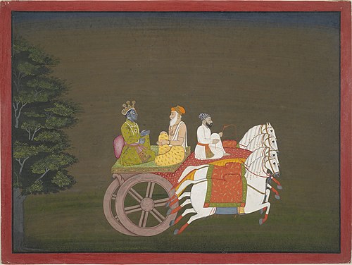 Krishna Rides a Chariot to Save Rukmini, an illustration from book 10 of a Bhagavata Purana serie, 1762, 