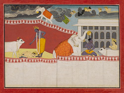 Krishna Blessed by Indra’s Elephant, Airavat, an illustration from book 10 of a Bhagavata Purana ser, 1762, 