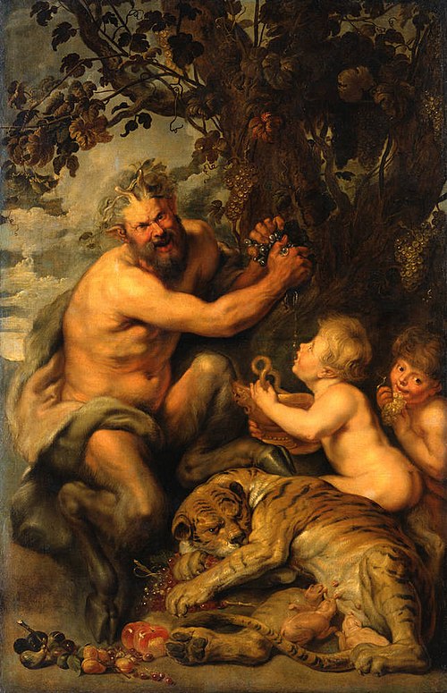 A Satyr pressing Grapes with a Tiger and Two Children, 1619, 