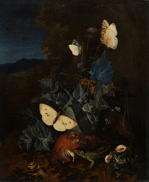 Still-life with a thistle, boletus, snail, lizard, butterflies and a bee in a landscape, 1687, 