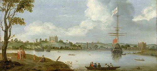 Greenwich Palace from the North East with a Man-of-War, 1630, 