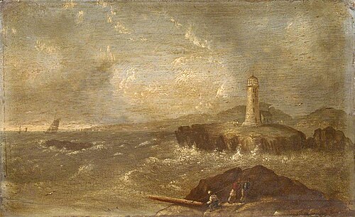 Shipping off the coast near a lighthouse, 1825, 