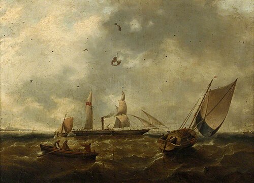 A paddle steamer and fishing vessels near a coast, 1850, 