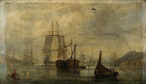 A hulk with paddle-steamers and other vessels in a mountainous bay, 1837, 