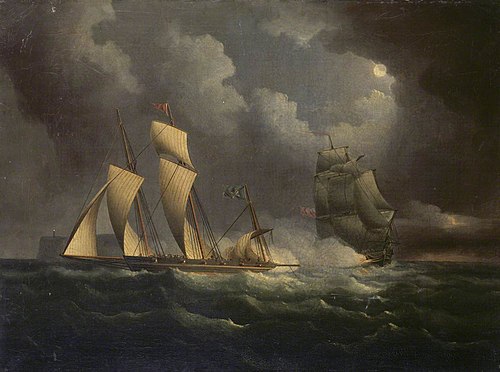A smuggling lugger chased by a naval brig, 1825, 