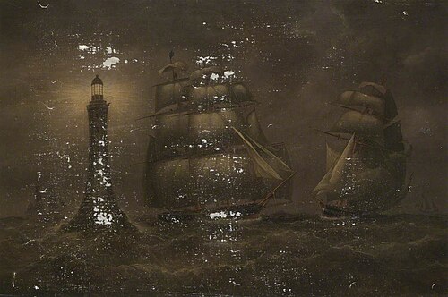 Ships at night near a lighthouse, 1850, 