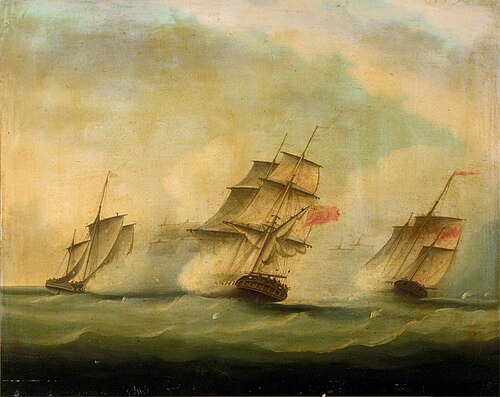 HMS Lynx and Monkey capturing three Danish luggers, 12 August 1809, 1850, 