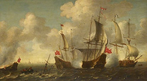 Anglo-Dutch action: the Eendracht engaged with two English ships, 1665, 