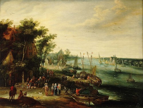 A Landscape with a Village on the Bank of a River, , 