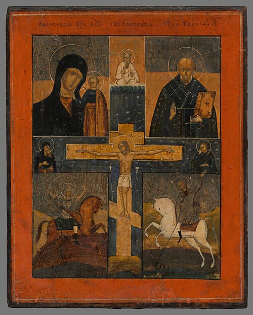 Ikona-Ukrižovanie s kazaňskou bohorodičkou,sv.Mikulášom,sv.Jurajom a Dimitrij, 1751, 