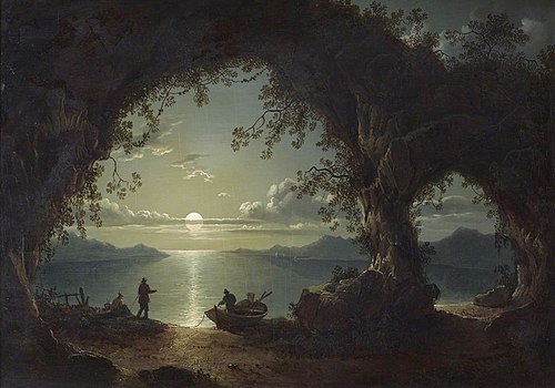 A Moonlit Bay, with Boatmen, seen through a Wooded Glade, 1827, 