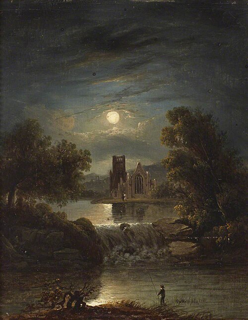 A Moonlit River Scene with a Ruined Abbey, Waterfall and Lone Angler, 1849, 