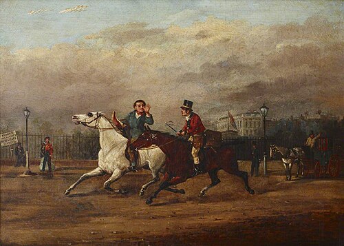 Two Horsemen racing on a London Street, 1849, 