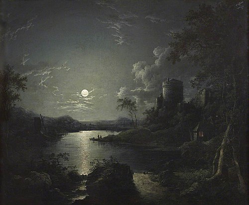 Moonlit River Scene with a Ruined Castle with a Tower and a Cottage, 1827, 