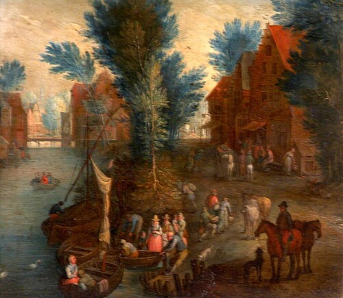 River Scene with Passengers Embarking and Disembarking, 1614, 