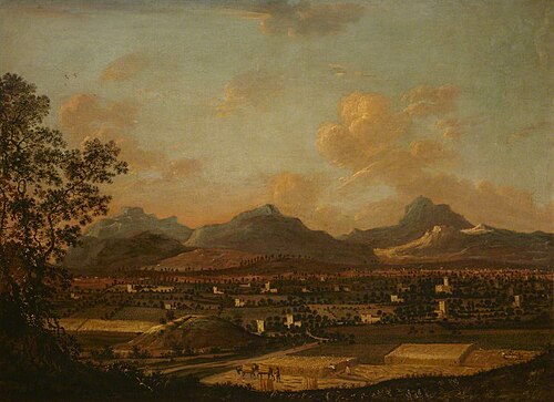 View of a Plain with Corn being cut, fortified Farms and Distant Mountains, 1749, 