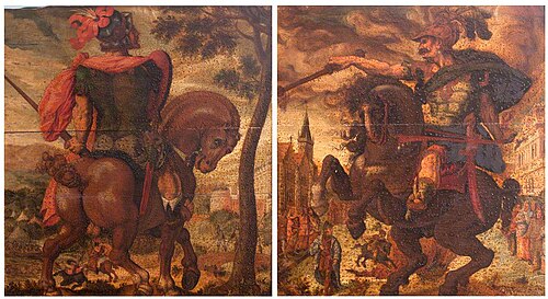 Two Warriors on Horseback: Titus Manlius Torquatus and Marcus Curtius (after Hendrik Goltzius), 1549, 