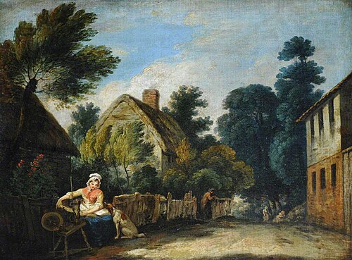 A Woman spinning in a Farmyard Setting, 1785, 