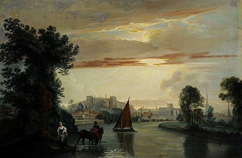 View of a Castle, Town and River (possibly Warwick Castle and Coventry), 1834, 