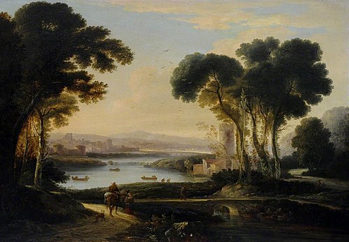 A Romantic River Landscape with Figures with Ships, 1800, 