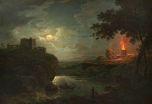 A Castle and Burning Kiln over a River by Moonlight, 1800, 