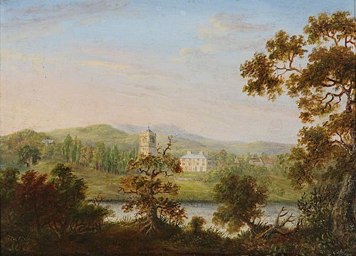 Stoke St Milborough Church from across the River, 1850, 