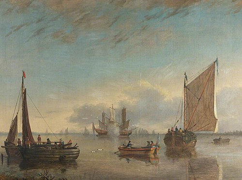 A Calm Estuary with Fishing Boats and Man o' War firing a Salute, 1849, 