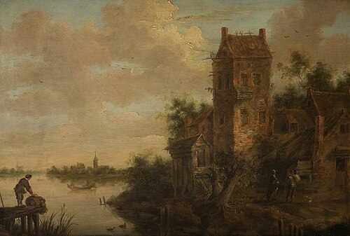 Riverside Scene with Buildings and Figures, 1849, 