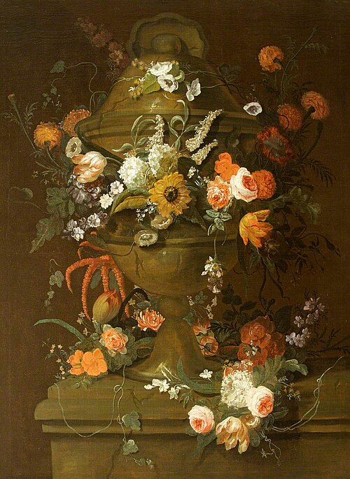 An Urn on a Plinth, garlanded with Flowers, 1714, 